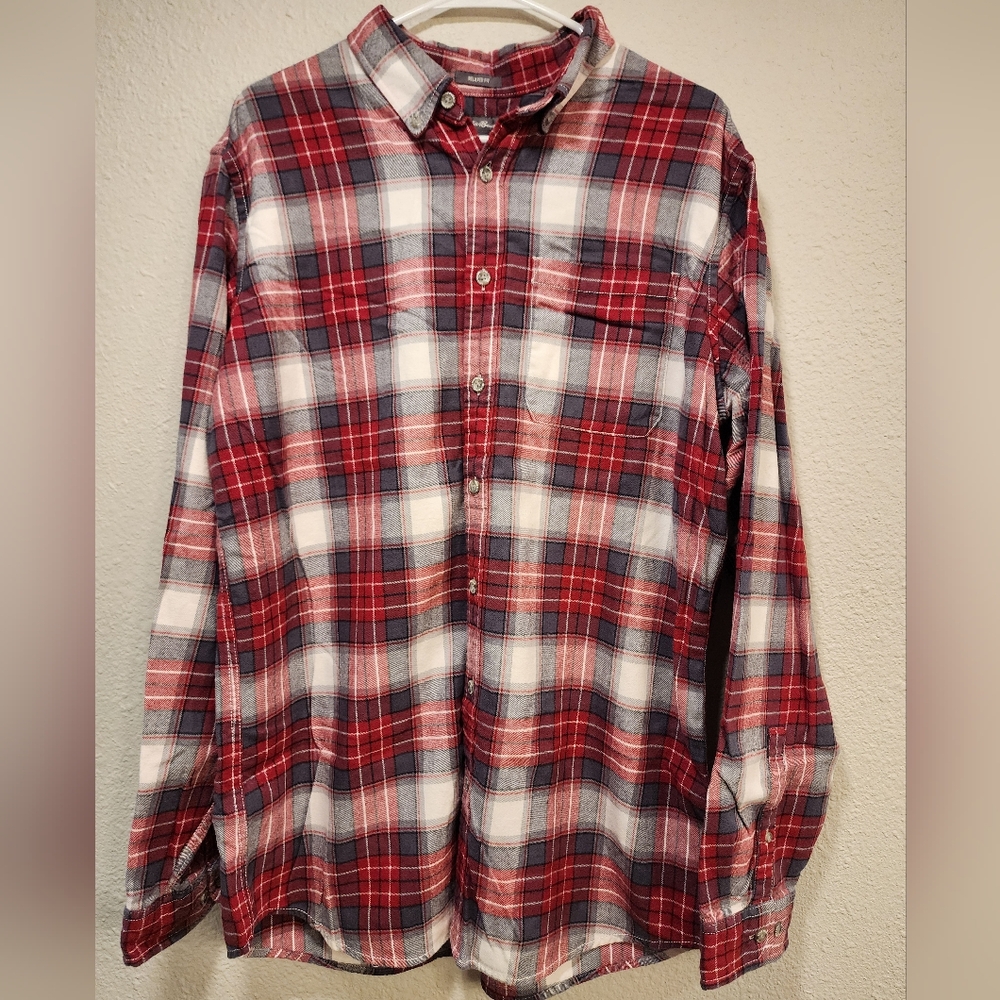 Eddie Bauer Red and White Plaid Flannel Men's Shirt